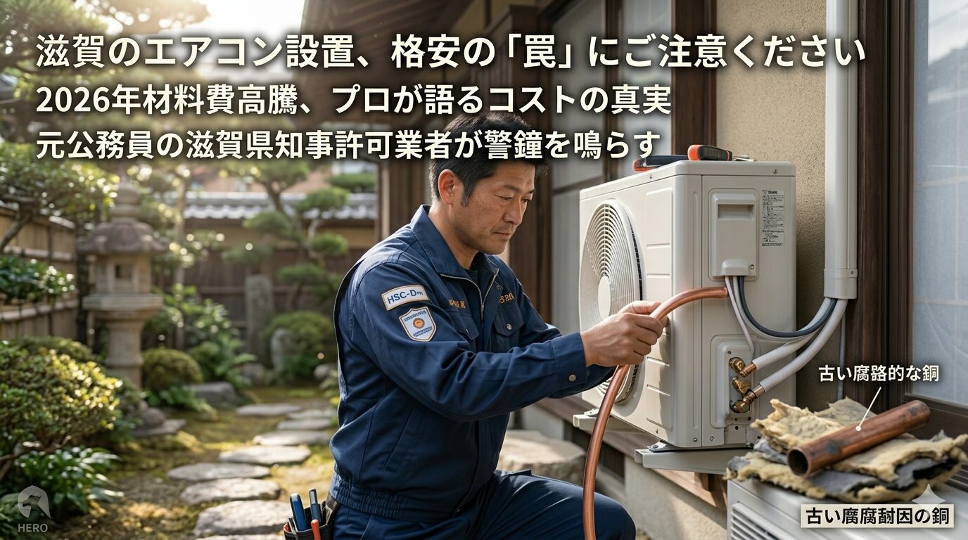 【滋賀の家を守る】「エアコン標準工事15,000円」の限界。材料費高騰の中でプロが警鐘を鳴らす、格安工事の恐ろしい代償と2026年の真実