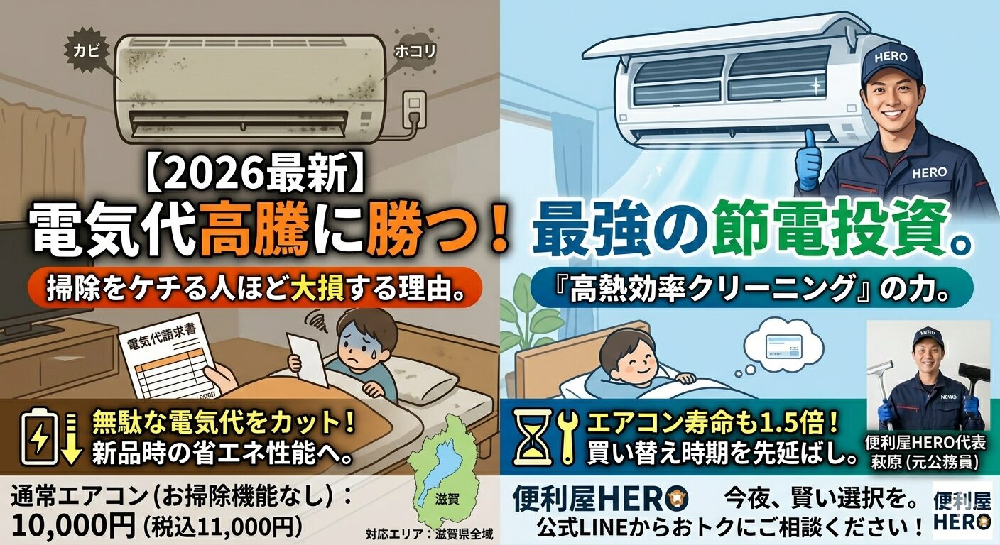【2026年最新】電気代高騰に勝つ！エアコン掃除をケチる人ほど大損する理由。便利屋HEROの『高熱効率クリーニング』が最強の節電投資になる理由